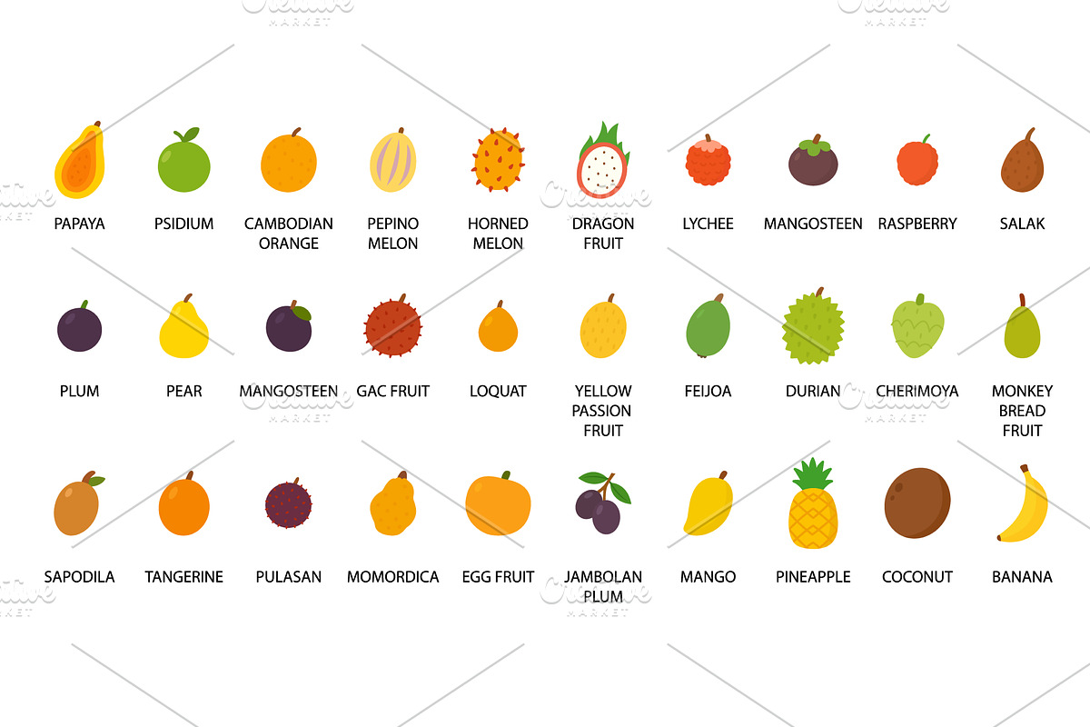 Tropical and exotic fruits icon set, a Food Illustration by GraphiShop