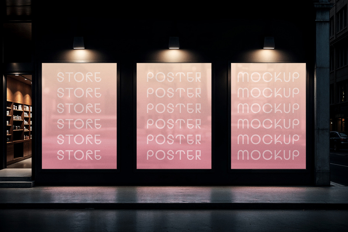 Night Storefront Posters Mockup, an Advertising Mockup by Design Squad (Photo 2 of 4)