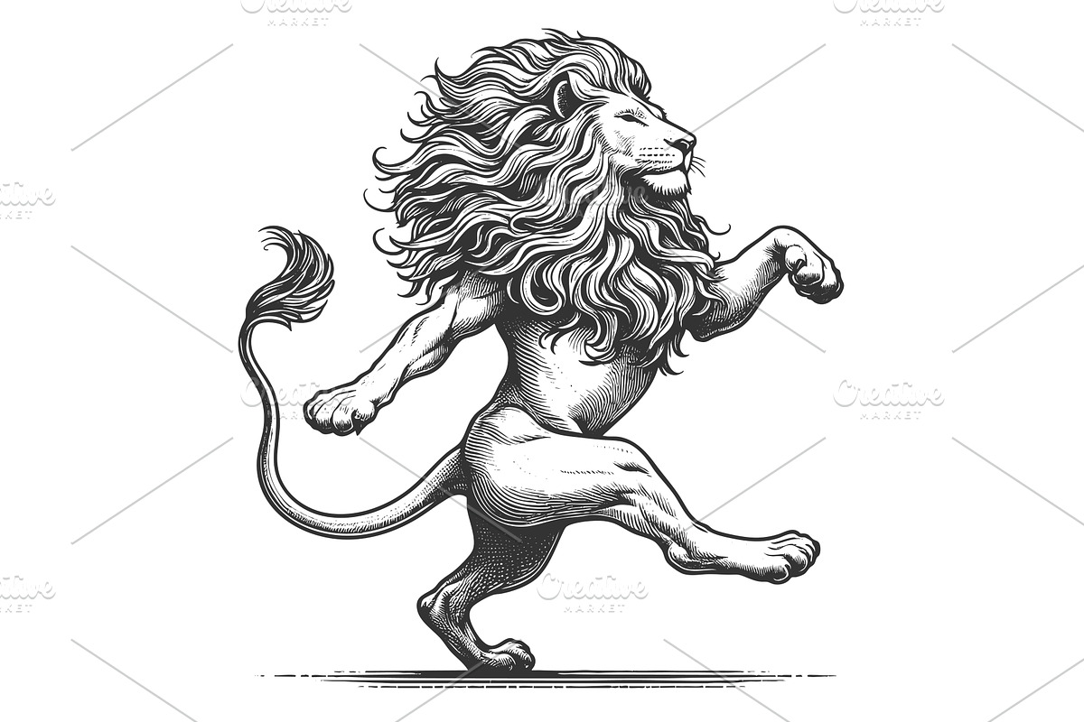 Heraldic Lion engraving sketch, an Animal Illustration by AlexArt