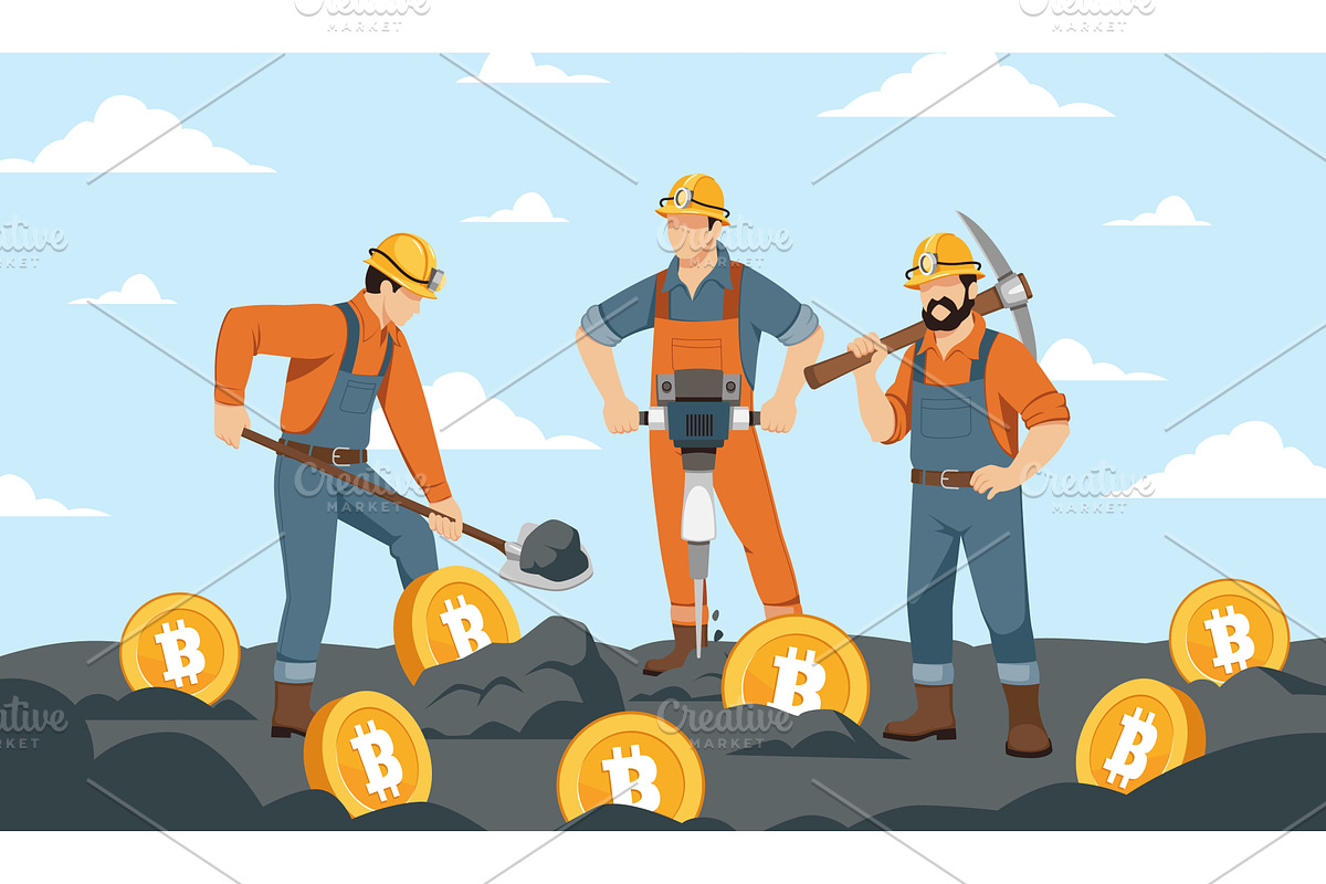Currency mining process. Men in, an Illustration by YummyBuum