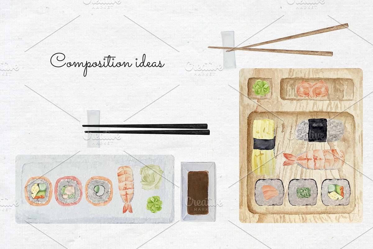 Watercolor Sushi Rolls Clipart, a Food Illustration by Art and Funny (Photo 6 of 7)