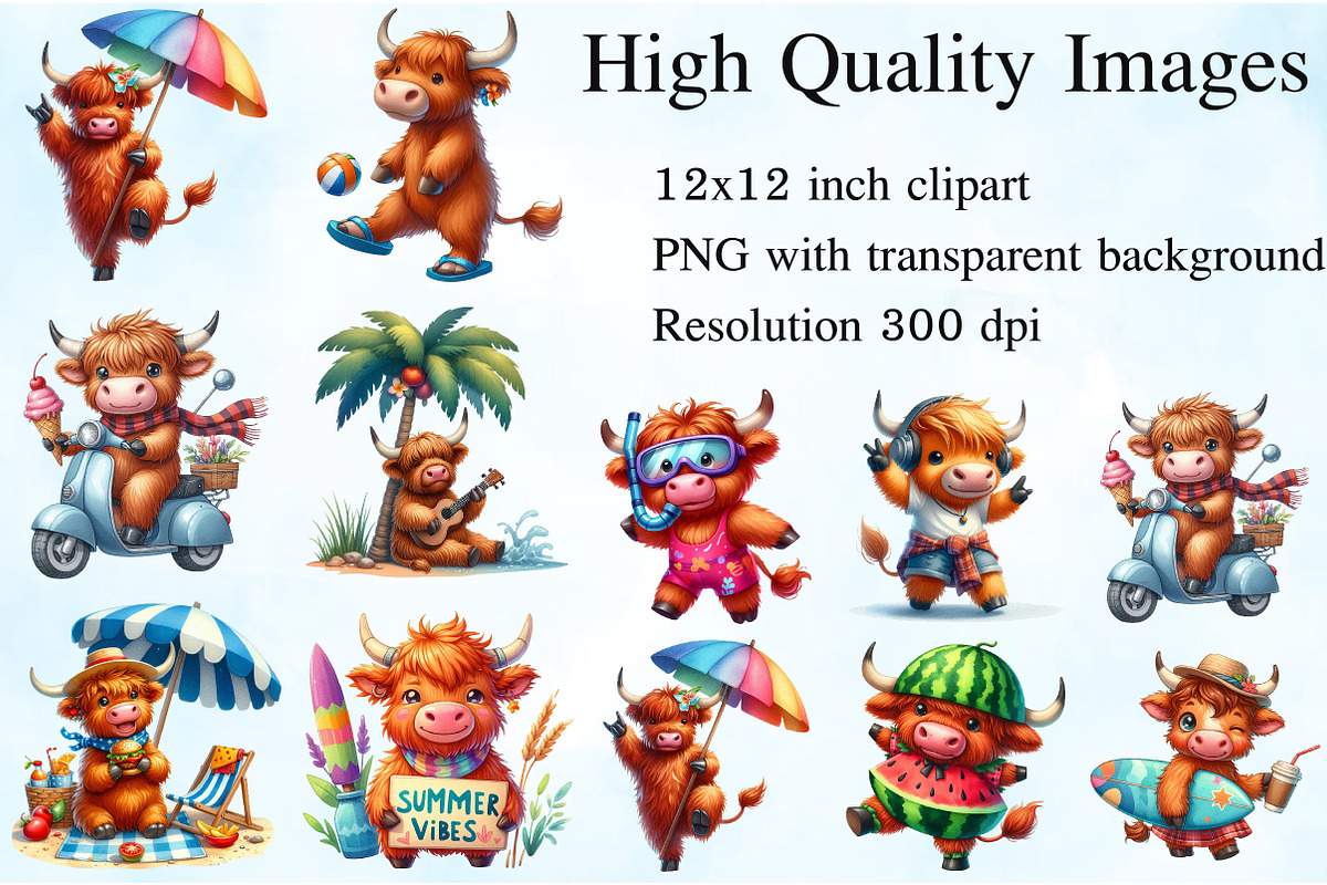 Funny Summer Highland Cow Clipart, an Illustration by Craft Nest (Photo 2 of 5)