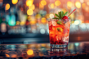 A vibrant cocktail sits on the bar c, a Photo by Tanuart