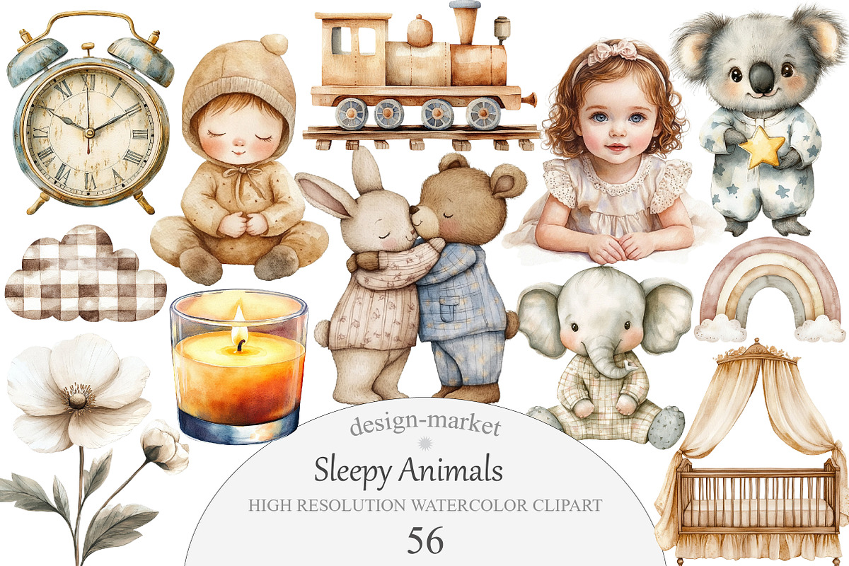 Watercolor Sleepy Animals Clipart, an Illustration by Design Market (Photo 1 of 7)