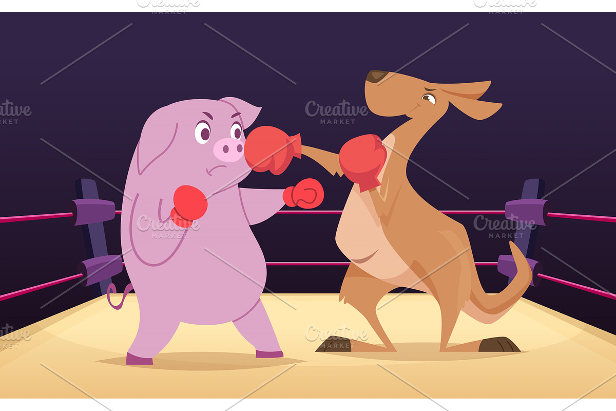 Animal boxing. kangaroo and pig, an Animal Illustration by Onyx