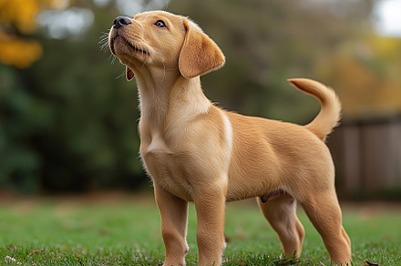 A playful golden labrador puppy stands proudly in a lush green yard, capturing, an Animal Photo by ImageMir