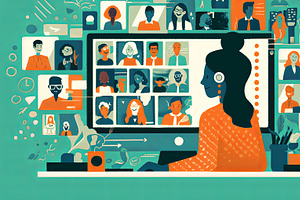 Person working from home interacting through an online virtual meeting on a com, an Illustration by AS photostudio