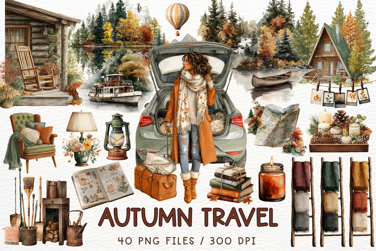 Autumn Travel Watercolor Clipart, a Seasonal Illustration by Maysa Art (Photo 1 of 6)