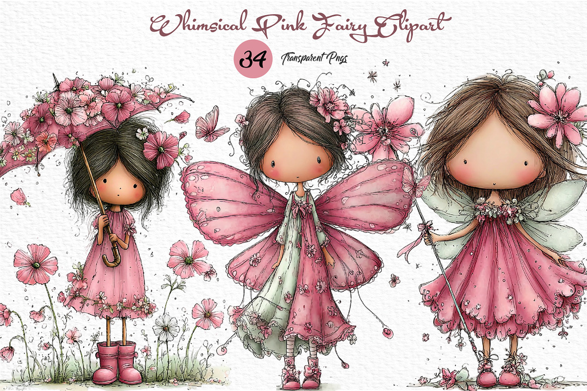 Whimsical Pink Fairy Clipart, a Seasonal Illustration by Craft Nest (Photo 1 of 6)