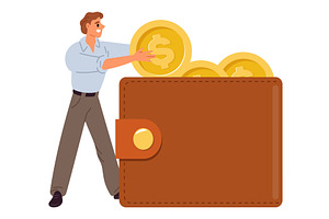 Happy young man puts gold coins in, a Finance Illustration by Vectorbuum