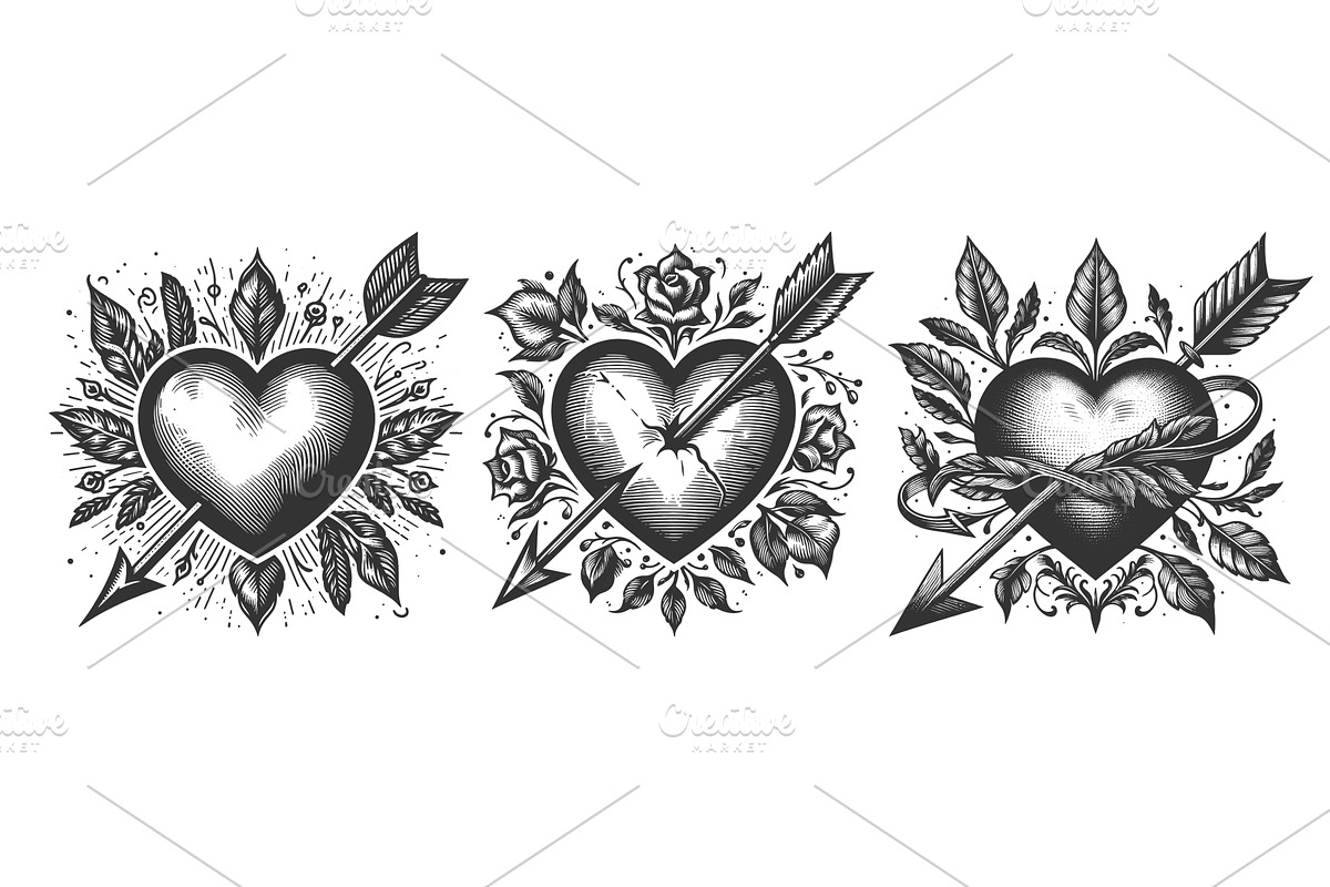 Heart and Arrow Tattoo set vector, an Illustration by AlexArt