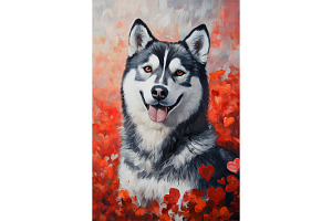 Valentine Husky in Red Heart Field, an Animal Illustration by Art Paradise Studios