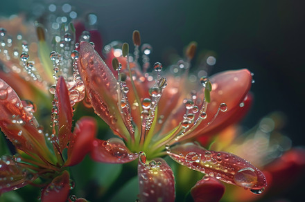 Delicate red flowers are covered in, a Photo by Tanuart