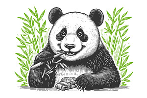 Cute Panda Eating Bamboo engraving, an Animal Illustration by AlexArt
