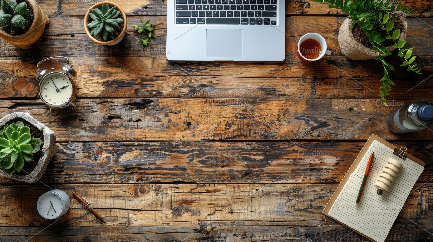 Cozy workspace with laptop, notepad, and plants on wooden desk, a Photo by AS photostudio