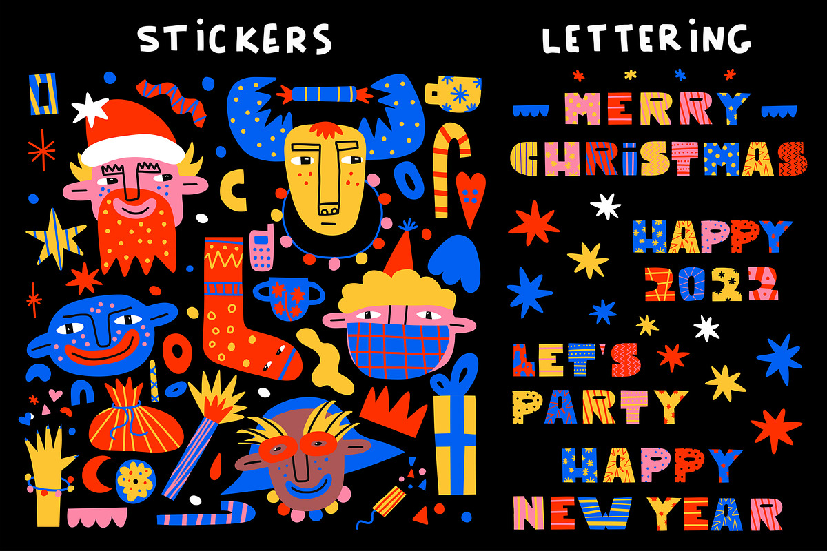 80s Christmas vibrant crazy stickers, an Illustration by okchizh (Photo 2 of 7)