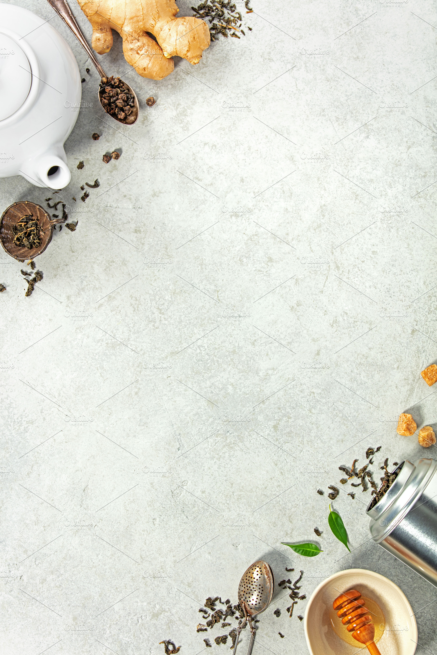 Tea Ingredients and Teapot Flat Lay with Ample Copy Space, a Food & Drink Photo by Natalia Klenova's Shop