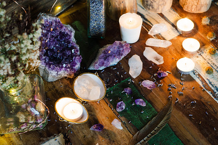 Mystical altar 13 containing crystals, candle, and earthy, a Nature Photo by Coral Antler