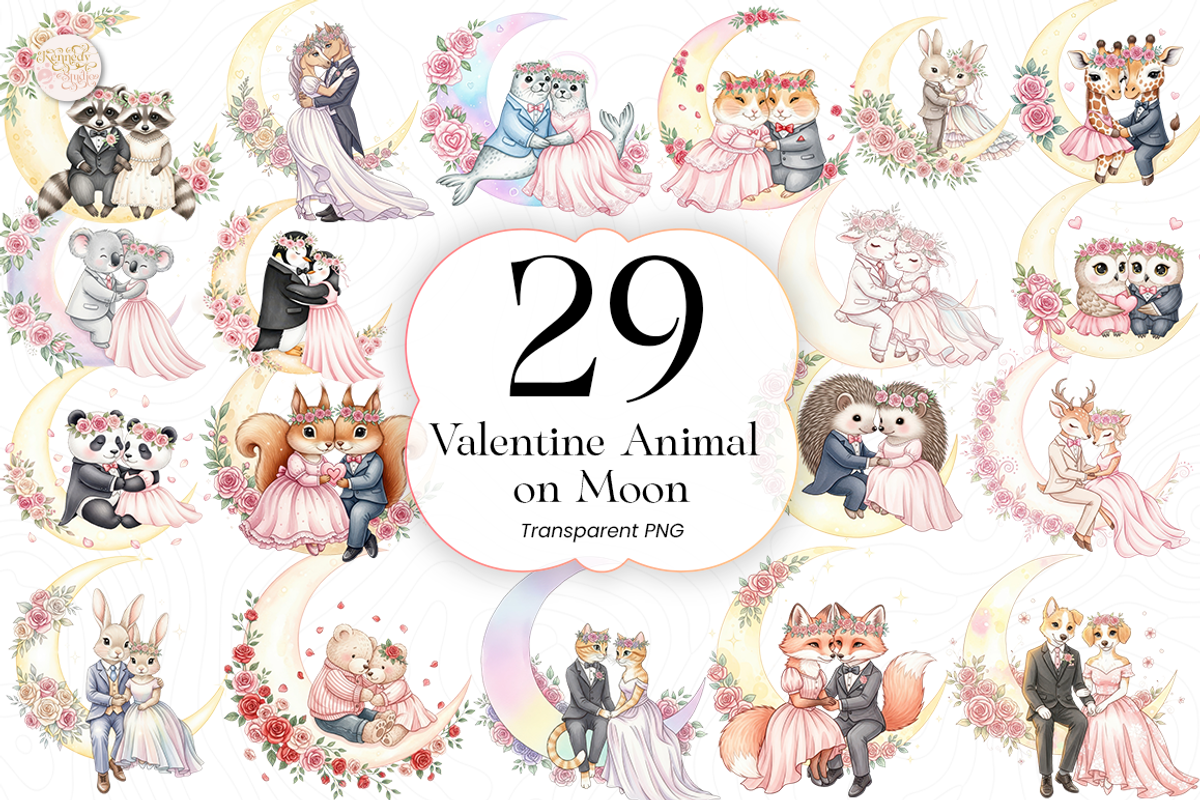 Valentine Animal on Moon PNG Clipart, an Animal Illustration by KennedyStudio (Photo 1 of 5)