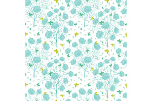 Vector Blue Green Blooming Trees And Flying Butterflies Seamless Repeat Pattern Background. Great For Fabric, Wallpaper, Wrapping Paper, Wedding Invit