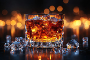 Glass of whiskey with ice cubes surr, a Photo by Tanuart