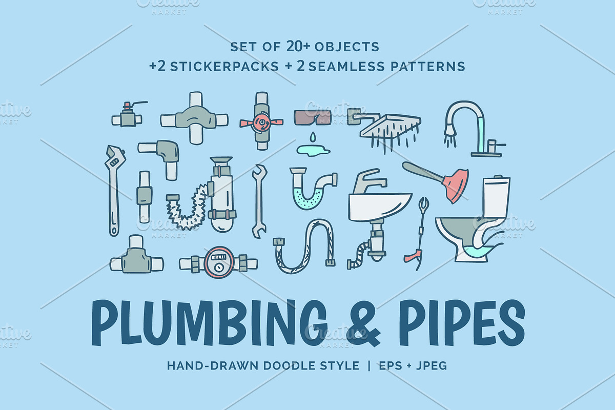 Plumbing and Pipes Set Doodle Style, an Object Graphic by 35lab (Photo 1 of 6)