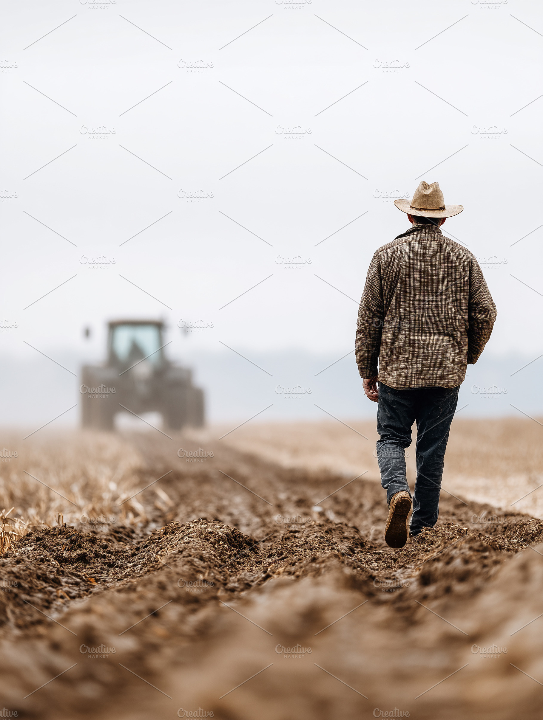 Farmer walking across a freshly plow, an Industrial Photo by MistyDay