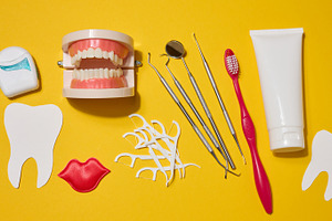 Dental floss in a case, model of dentures, dental instruments, r, a Health & Medical Photo by ndanko