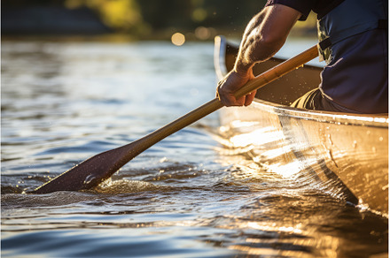 Man rows an oar in a canoe. Generate, a Sports & Recreation Photo by Ylivdesign