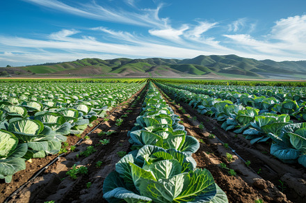 Lush green cabbage heads grow in nea, a Photo by Tanuart