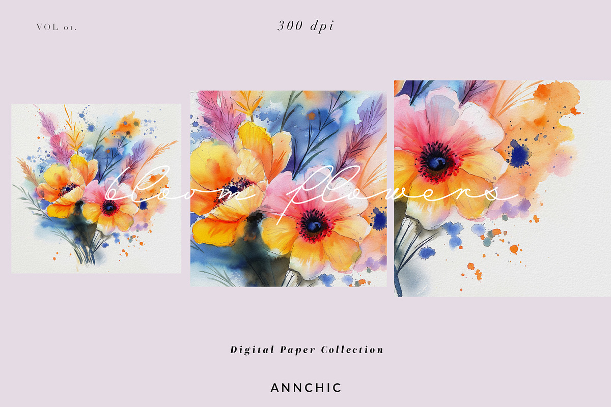 Watercolor  flowers Digital paper, a Texture Graphic by Anna Sokol (Photo 4 of 13)