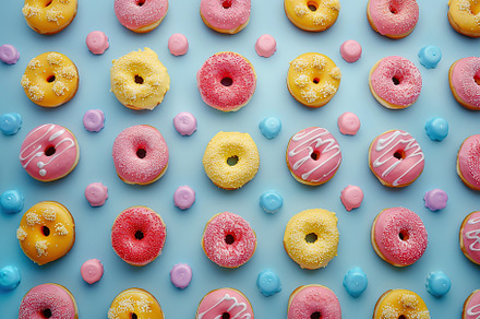 Pattern of sweet and colorful donuts, a Food & Drink Photo by AlyaAnd