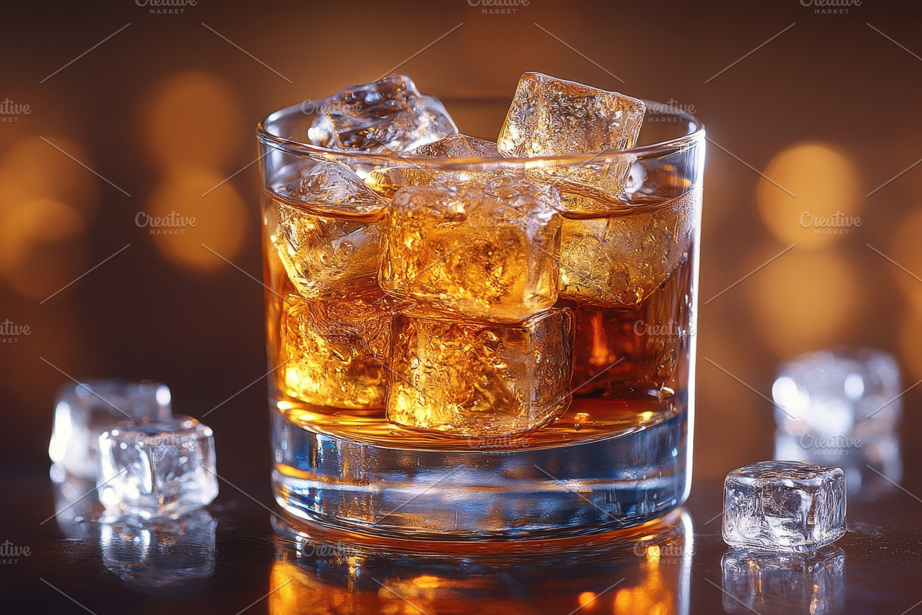 Whiskey on the rocks served in a cle, a Photo by Tanuart