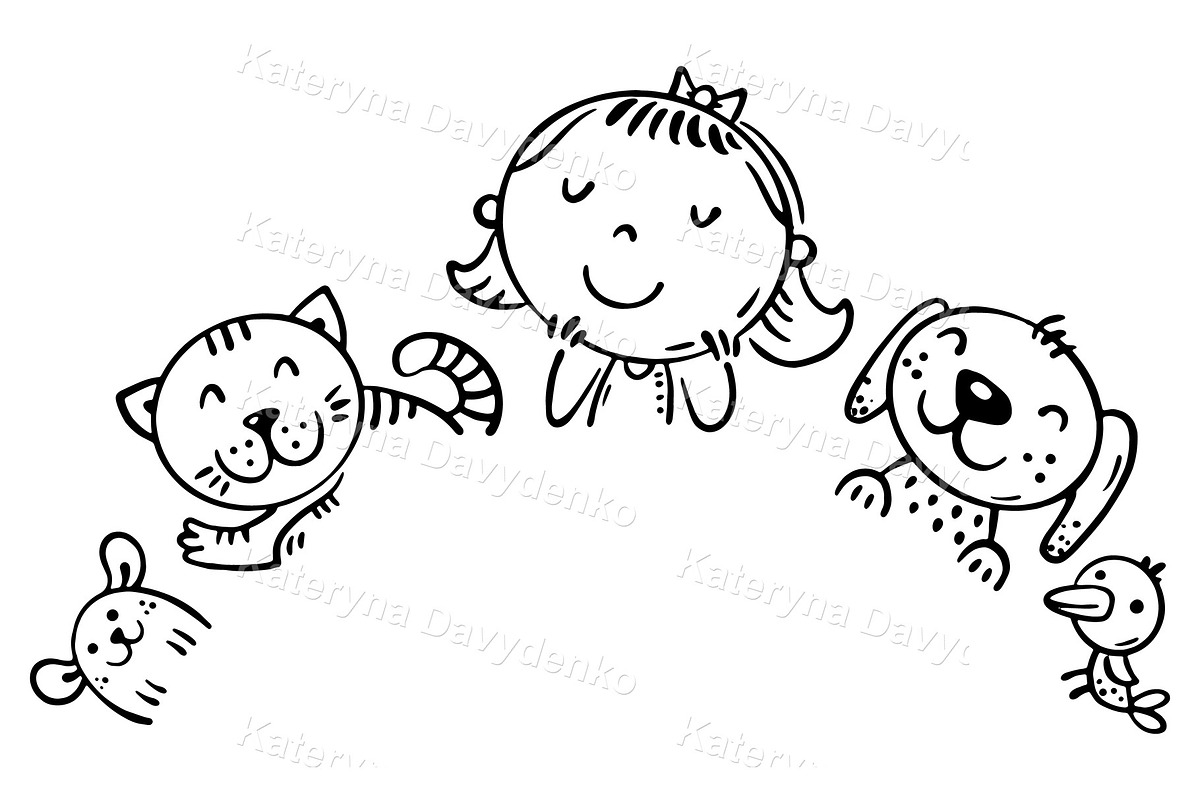 Cartoon girl with pets. Border frame, an Animal Illustration by Bubert Art (Photo 2 of 2)
