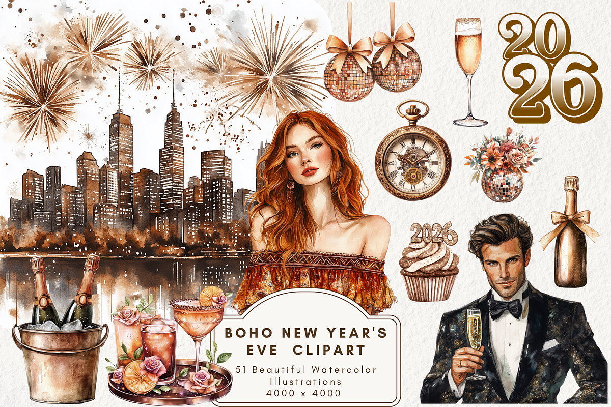 Boho New Year's Eve Clipart, an Illustration by NadiaTheronArt (Photo 1 of 5)