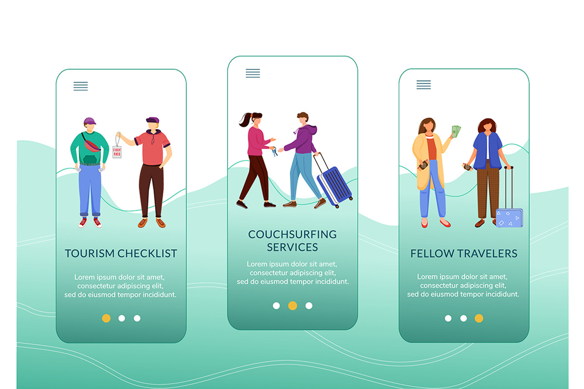 Budget tourism mobile app screen, an App Template by IMG visuals characters
