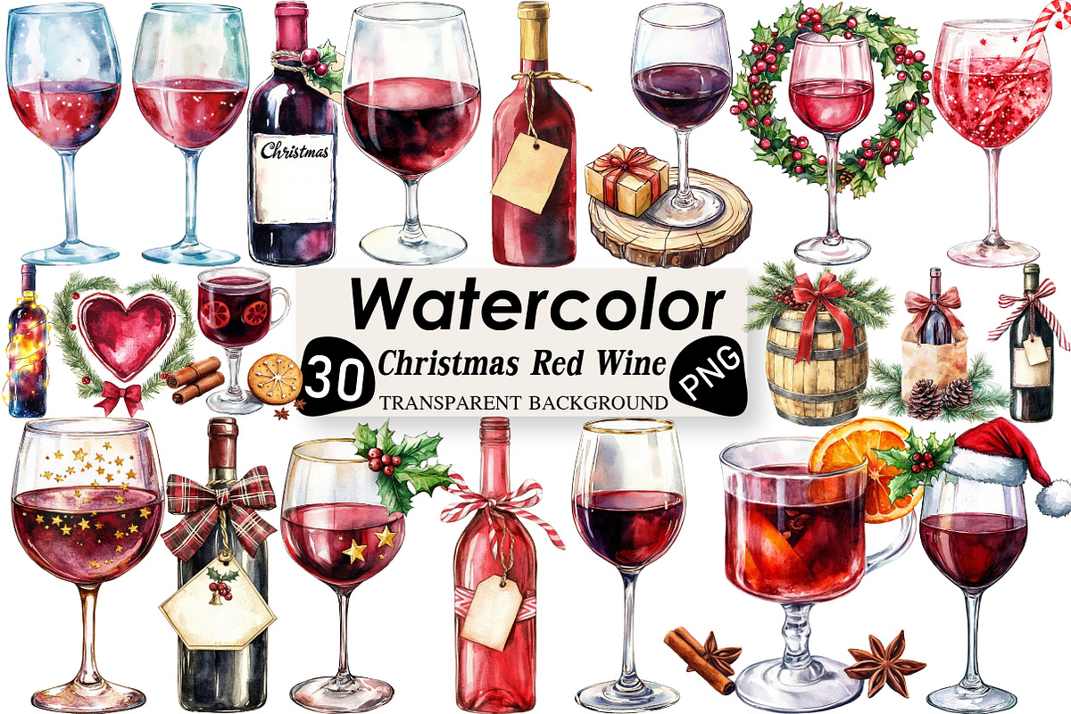 Christmas Red Wine Clipart, an Illustration by Black Bird Studio (Photo 1 of 6)