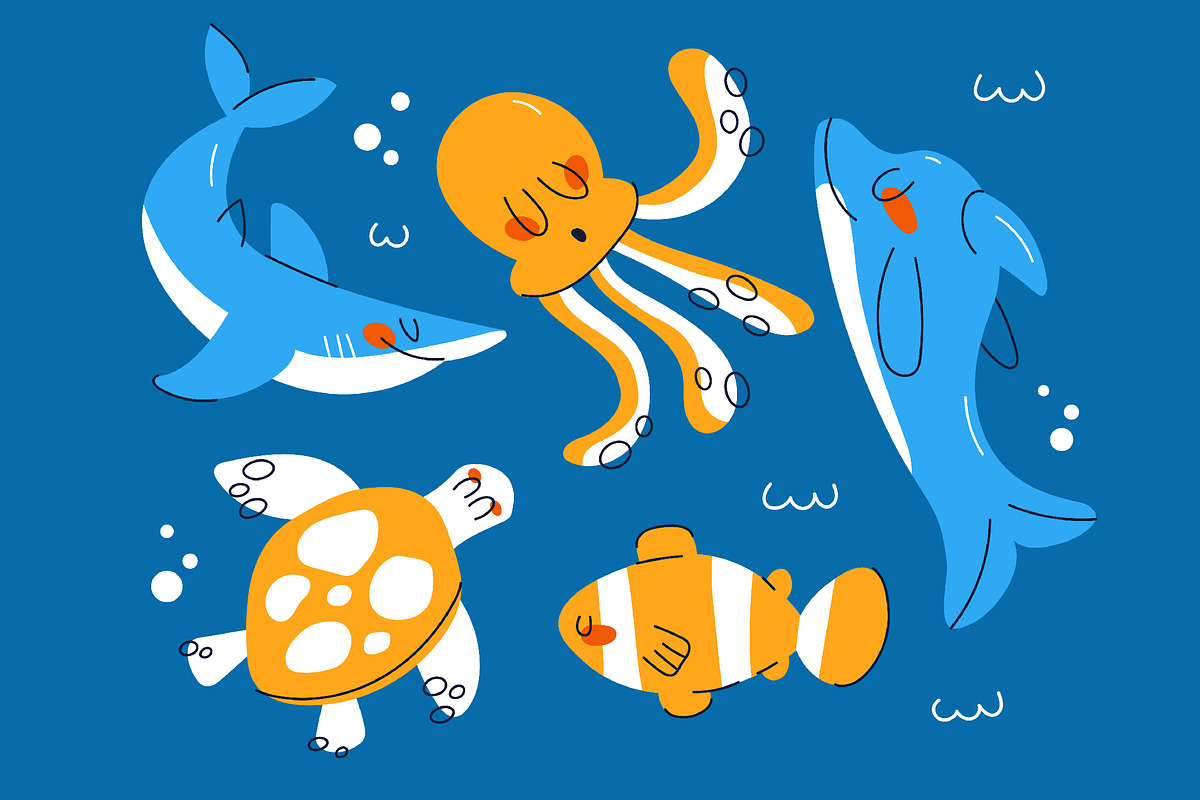 Blue Doodle Ocean Asset Illustration, an Animal Illustration by graphicook