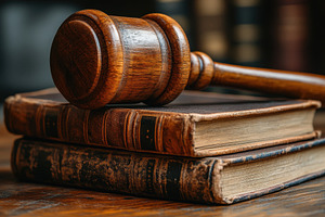Wooden gavel rests on top of vintage, a Photo by Tanuart