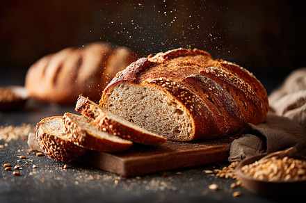Freshly baked rye bread loaf sliced open revealing its soft interior with sesam, a Food & Drink Photo by AlyaAnd