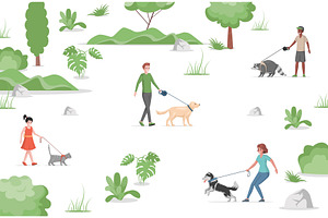 People walking in city park with
