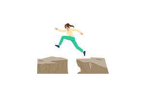 Businesswoman jumping over cliff gap, a Finance Illustration by pikepicture