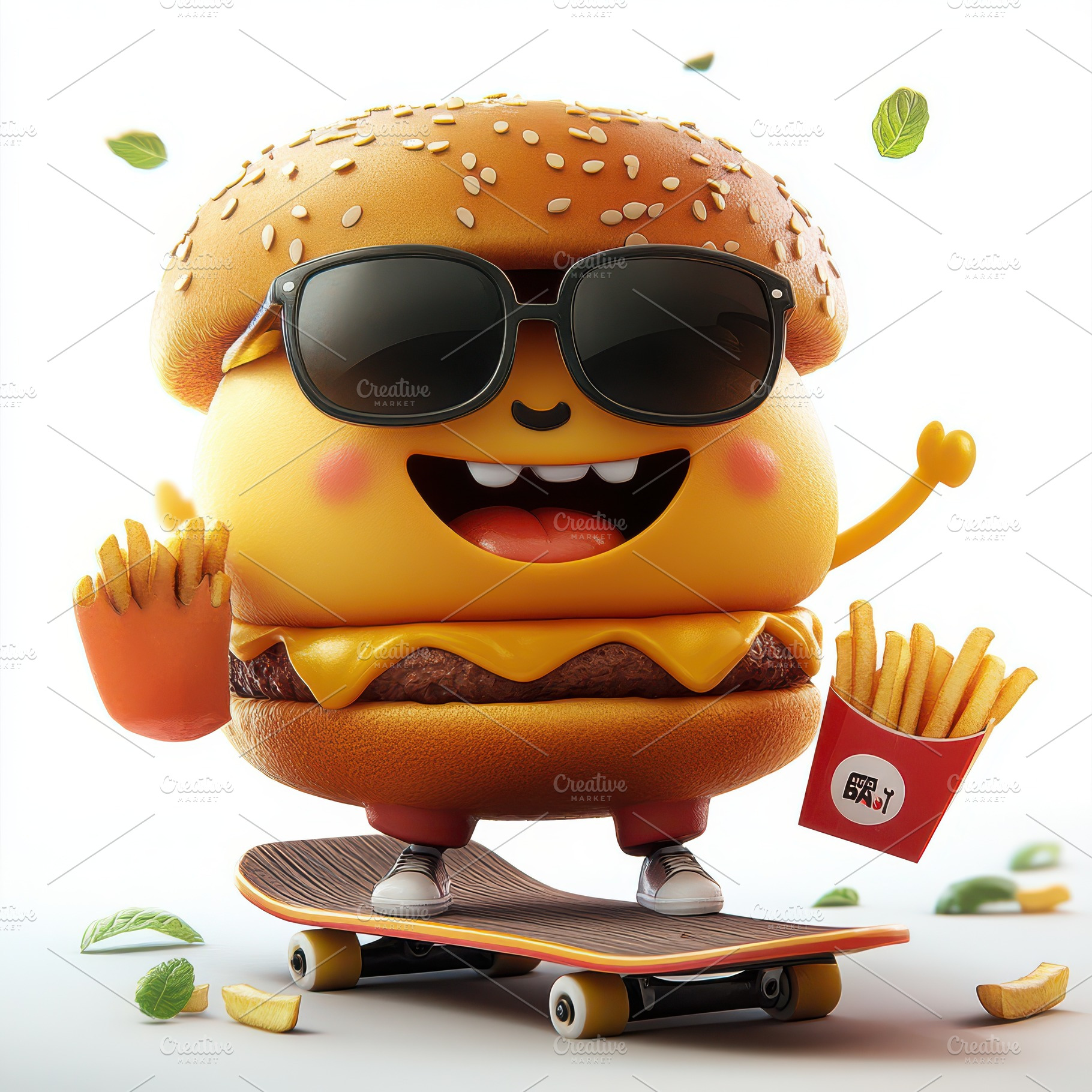 Funky cartoon burger mascot with sun, a Food & Drink Photo by Pixeness Studio