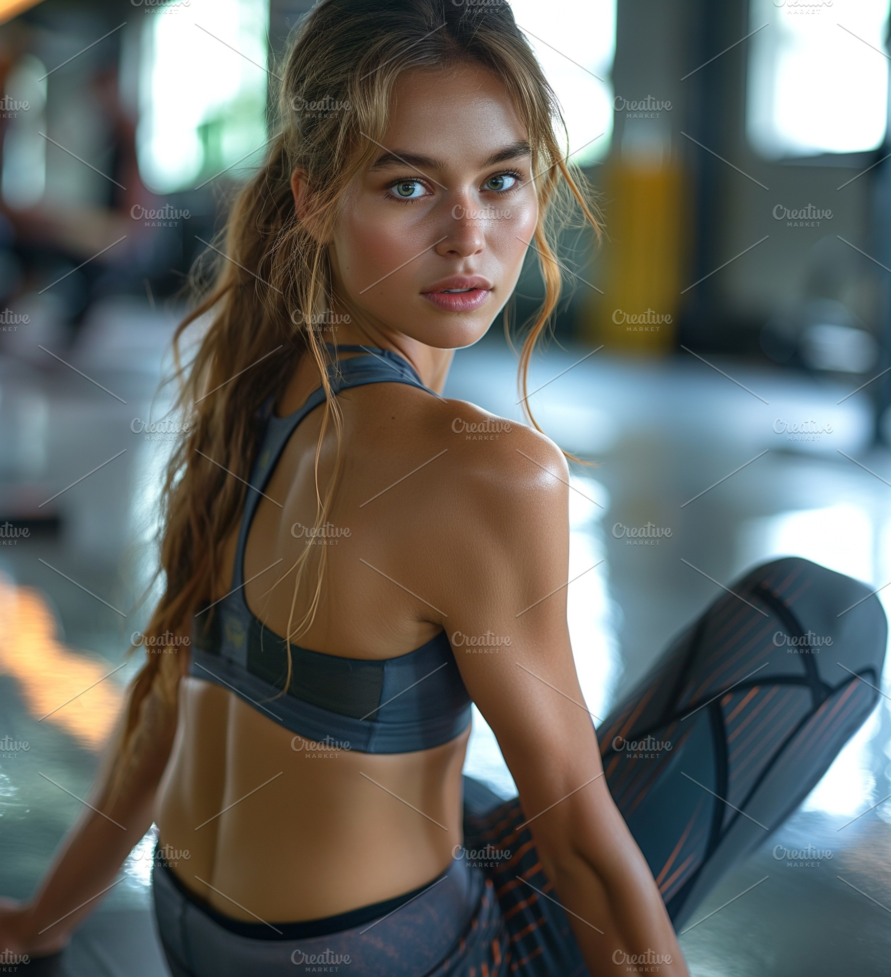 A young woman with long hair sits on the floor in a gym, showcasing her athleti, a Person Photo by ImageMir
