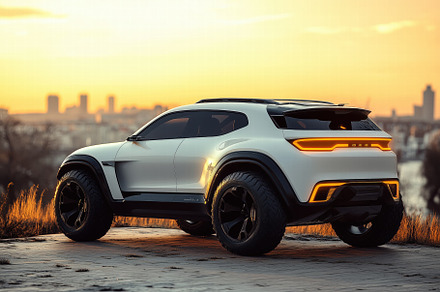 A futuristic white SUV with bold design features, oversized tires, and distinct, a Transportation Photo by Textures & Backgrounds