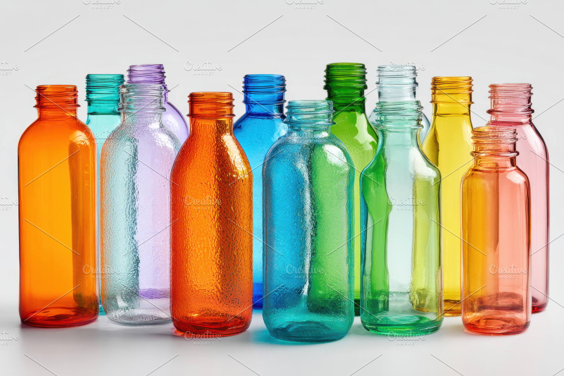 Colorful collection of glass bottles, a Food & Drink Photo by AlyaAnd