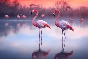 Pink flamingos standing in a lake, an Animal Photo by AlyaAnd