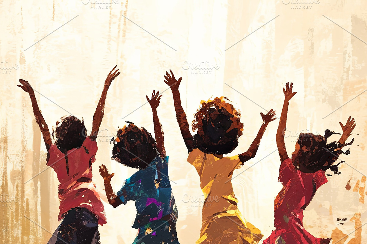 Group of cheerful children jumping outdoors on a bright and lively day, an Illustration by AS photostudio