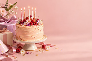 Birthday cake with candles and gifts