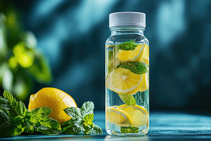 Refreshing mint and lemon water in a reusable sports bottle on a vibrant backgr, a Food & Drink Photo by AlyaAnd
